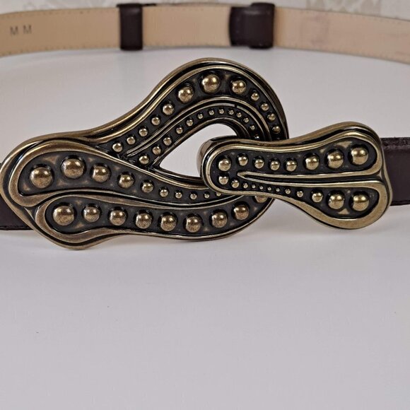 Women\'s Brown Leather Belt Adjustable Size Medium Gold Tone Metal Buckle EUC main image 6